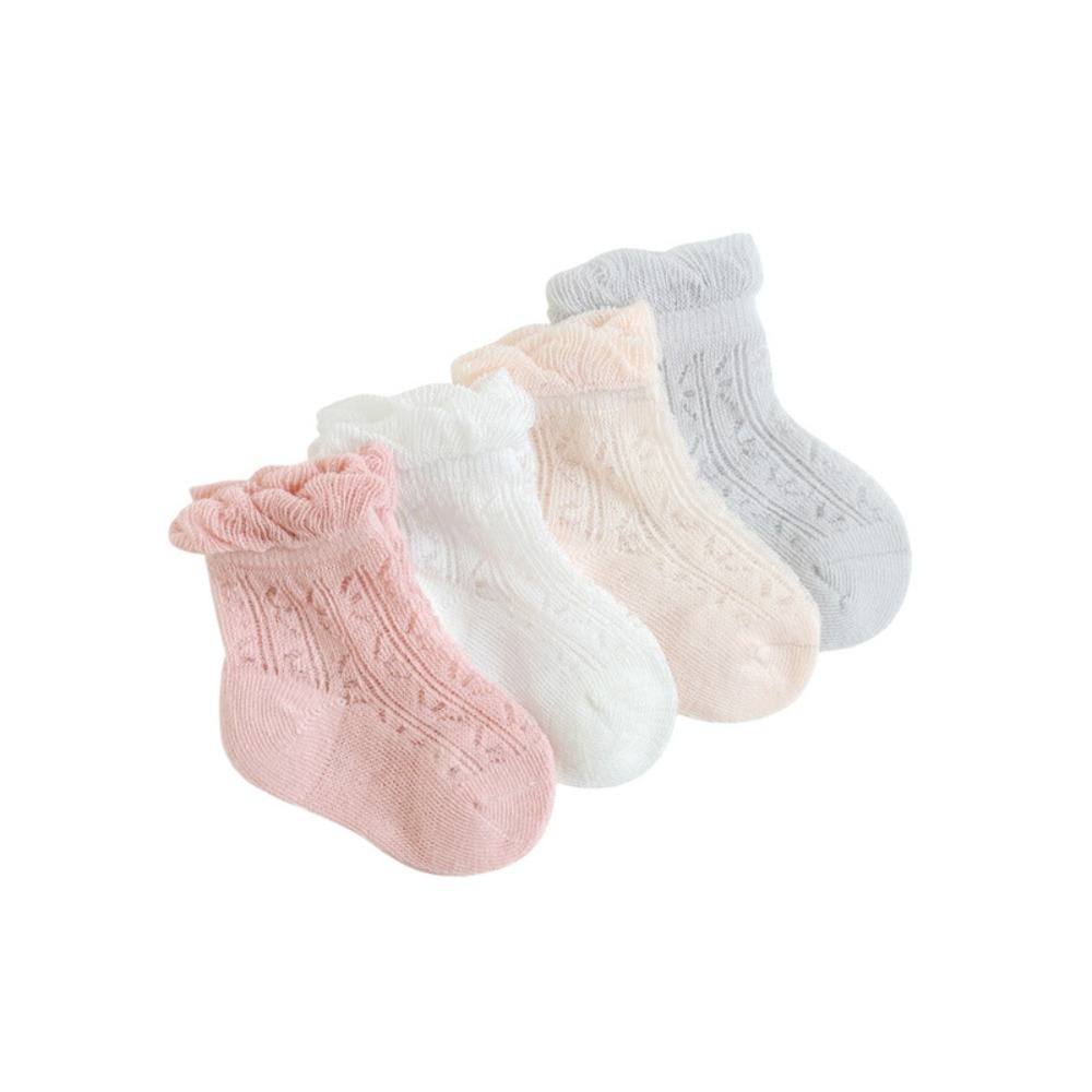 Anti Blister Sock - ถุงเท้าเด็กทารกผ้าฝ้ายหวาน 4 คู่ แบบมีระบาย ป้องกันการลื่น ถุงเท้าตาข่ายสำหรับเด็กแรกเกิด