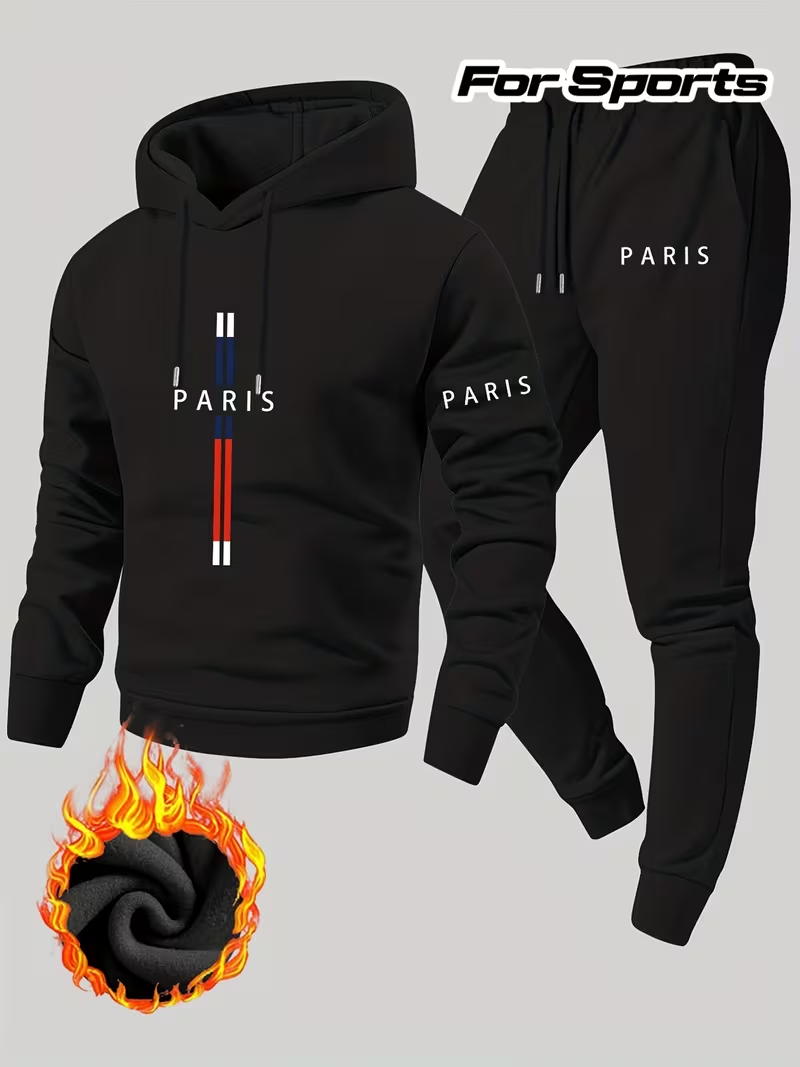 Running Gear - ชุดลำลองผู้ชายแบบสองชิ้น เสื้อฮู้ดและกางเกงกีฬา สำหรับฤดูใบไม้ร่วงและฤดูหนาว สวมใส่สบาย เหมาะสำหรับวิ่งและใส่ในชีวิตประจำวัน สไตล์สตรีท