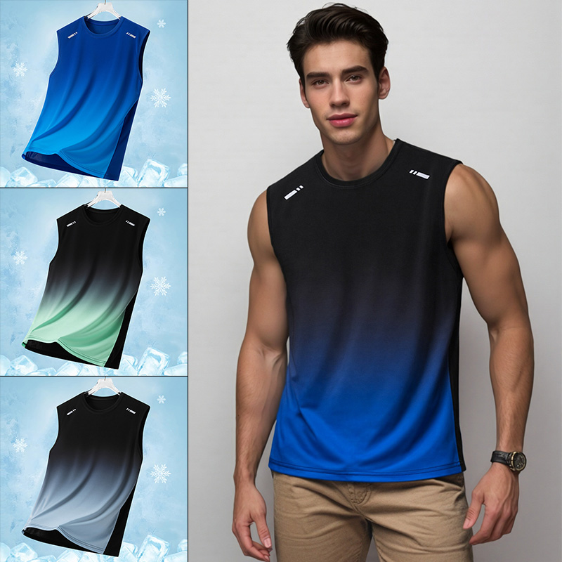 Running Gear - เสื้อกีฬาผู้ชายแบบไล่เฉดสี น้ำหนักเบา แขนกุด คอกลม เสื้อยืดฤดูร้อน ทรงหลวม