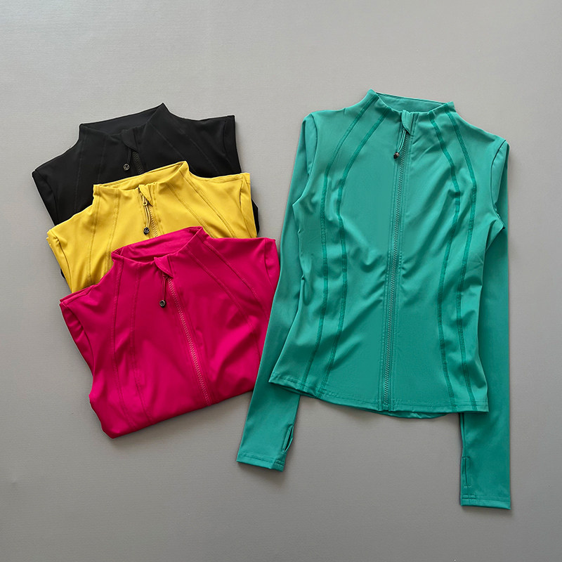 Running Gear - เสื้อแจ็คเก็ตออกกำลังกายแขนยาวแบบซิปเต็มตัวสำหรับผู้หญิง มีช่องสำหรับนิ้วโป้ง ทรงเข้ารูป แห้งเร็ว เหมาะสำหรับวิ่ง ยิม
