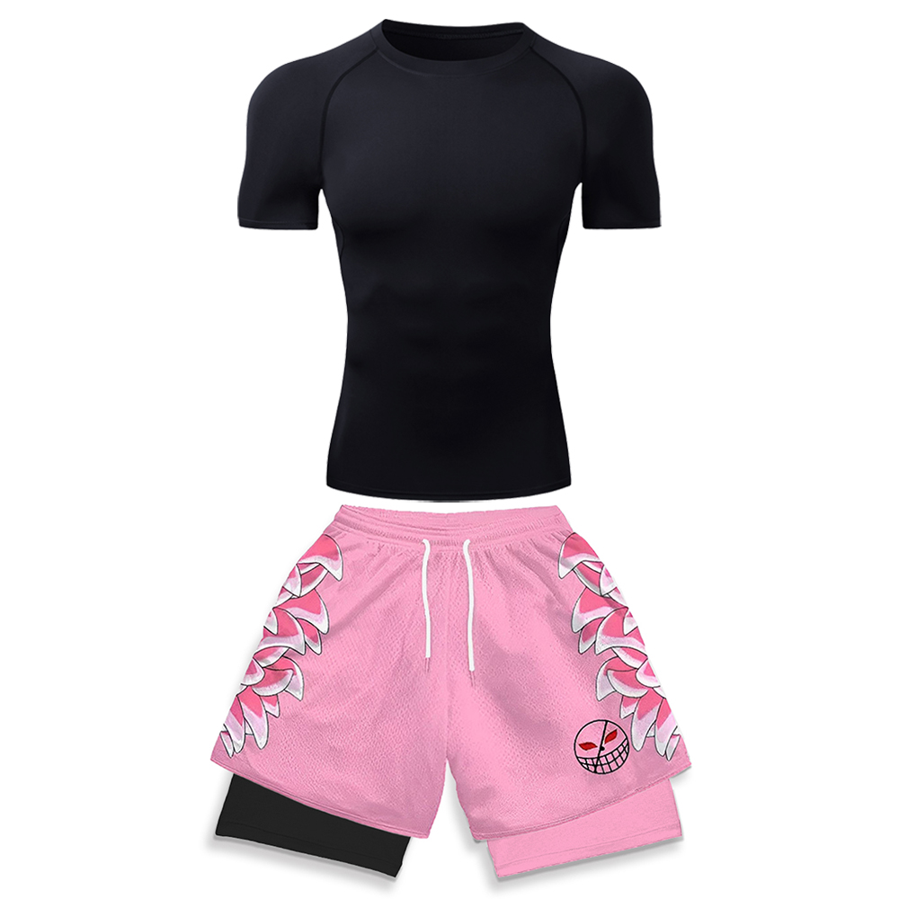 Running Gear - ชุดออกกำลังกายยืดหยุ่นสูงสำหรับผู้ชาย เสื้อยืดสีขาวแบบรัดรูป & กางเกงวิ่งขาสั้นพิมพ์ลายกราฟิก 3 มิติสีชมพู